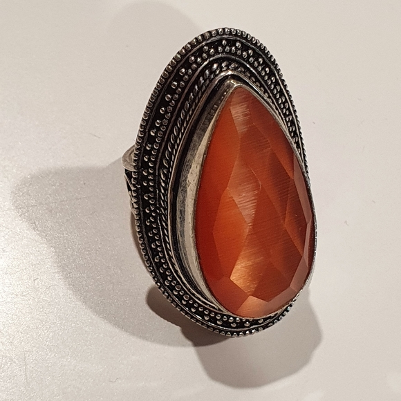 Sterling Silver Faceted Synthetic Carnelian Fancy Bollywood Bezel Set Ring - Picture 5 of 5